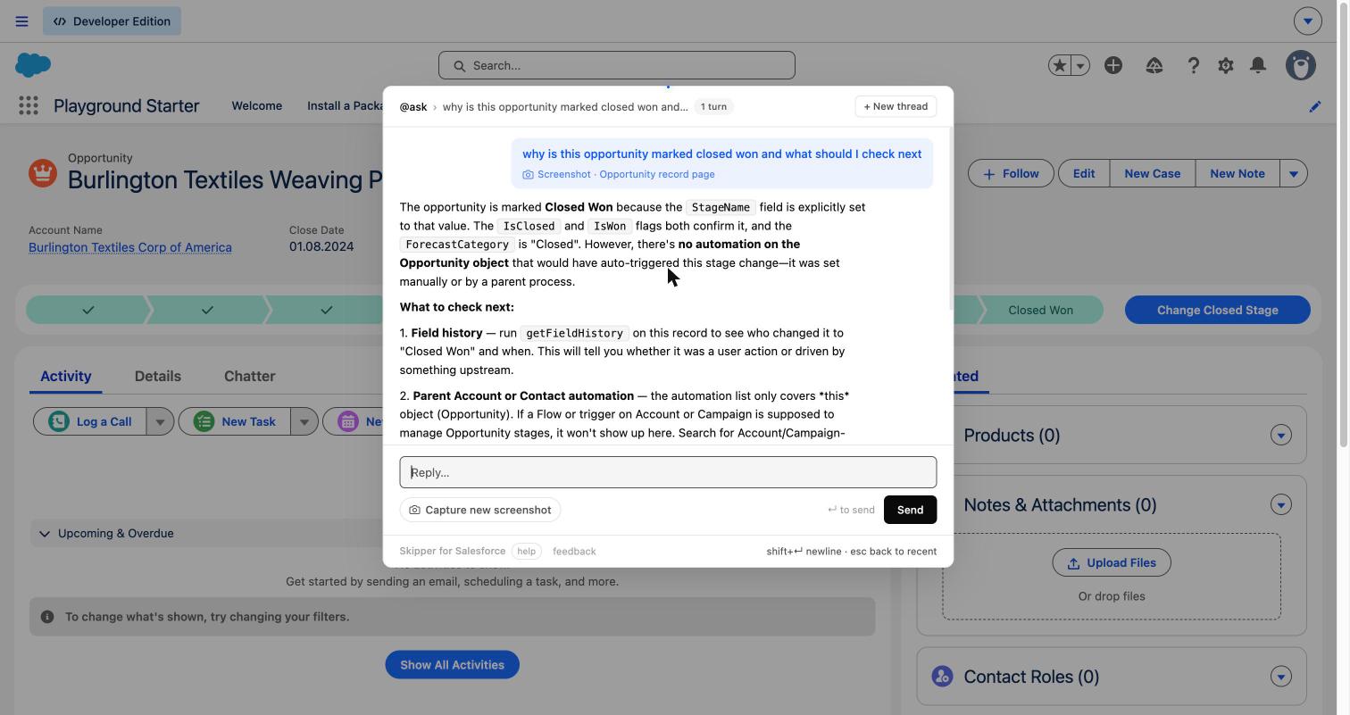Skipper @ask answering a grounded question about a Salesforce Opportunity